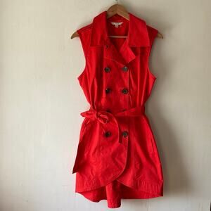 Cabi Cotton Red Sleeveless Belted Button‎ Front Trench Vest SZ 10 Hi Low EUC